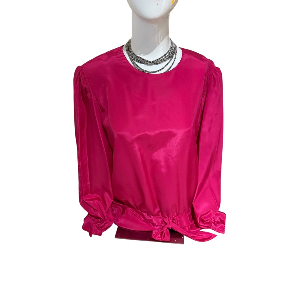 Vtg 80s Rhoda Lee Womens Top Size 16 Pink Long Sleeve Blouse Tie Bottom Party